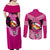 Tonga Christmas Couples Matching Off Shoulder Maxi Dress and Long Sleeve Button Shirts Tongan Coat of Arms Santa With Ngatu Pattern Christmas Pink Style LT03 - Polynesian Pride