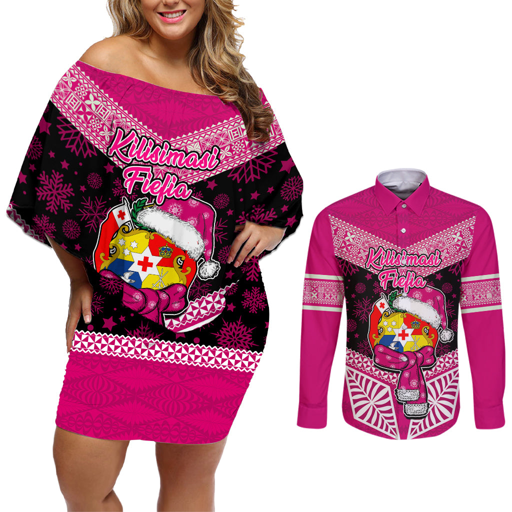 Tonga Christmas Couples Matching Off Shoulder Short Dress and Long Sleeve Button Shirts Tongan Coat of Arms Santa With Ngatu Pattern Christmas Pink Style LT03 Pink - Polynesian Pride