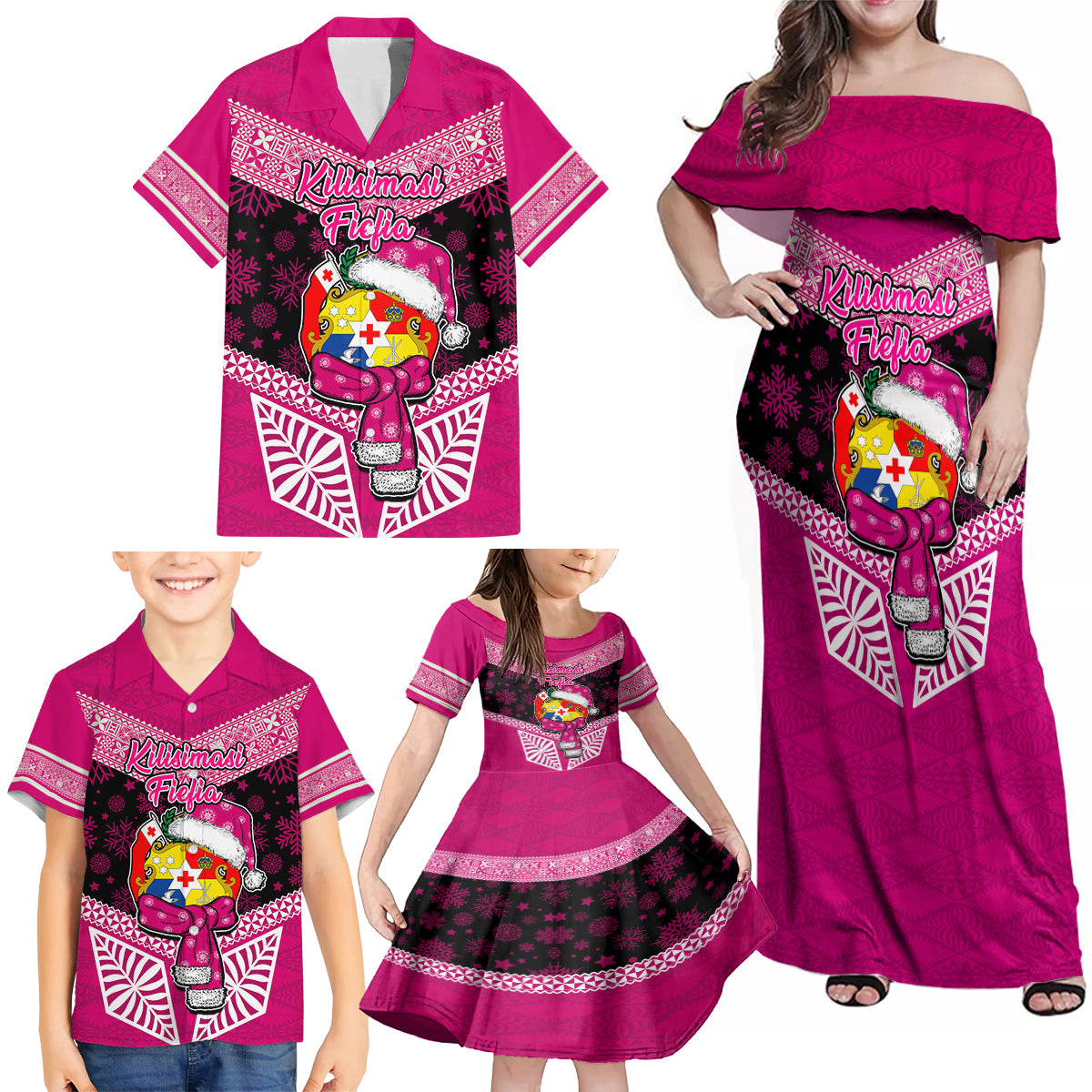 Tonga Christmas Family Matching Off Shoulder Maxi Dress and Hawaiian Shirt Tongan Coat of Arms Santa With Ngatu Pattern Christmas Pink Style LT03 - Polynesian Pride