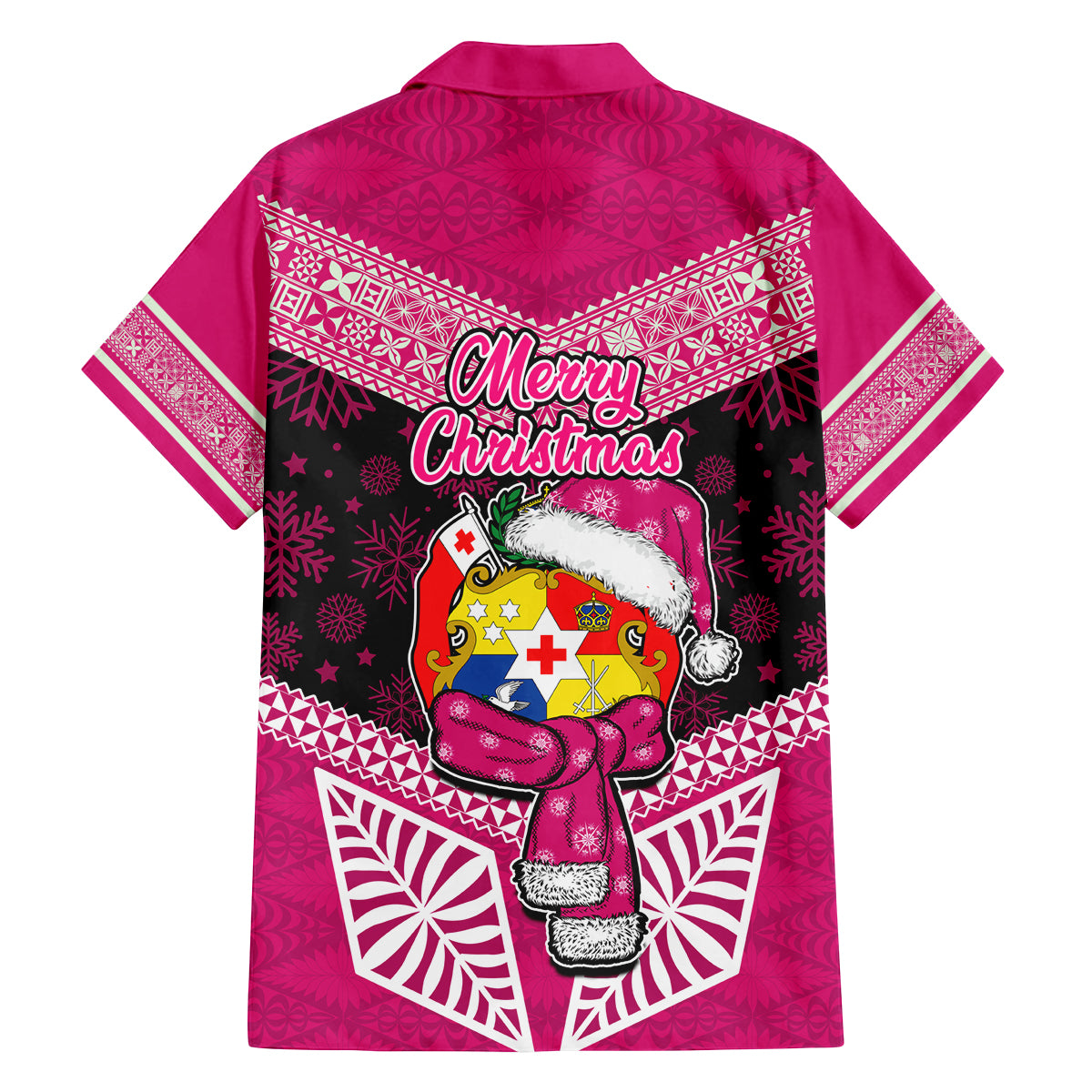 Tonga Christmas Family Matching Off Shoulder Maxi Dress and Hawaiian Shirt Tongan Coat of Arms Santa With Ngatu Pattern Christmas Pink Style LT03 - Polynesian Pride
