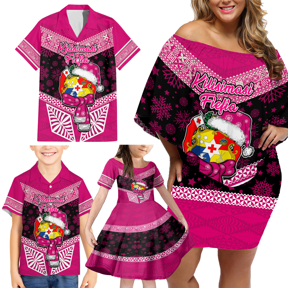 Tonga Christmas Family Matching Off Shoulder Short Dress and Hawaiian Shirt Tongan Coat of Arms Santa With Ngatu Pattern Christmas Pink Style LT03 - Polynesian Pride