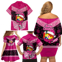 Tonga Christmas Family Matching Off Shoulder Short Dress and Hawaiian Shirt Tongan Coat of Arms Santa With Ngatu Pattern Christmas Pink Style LT03 - Polynesian Pride