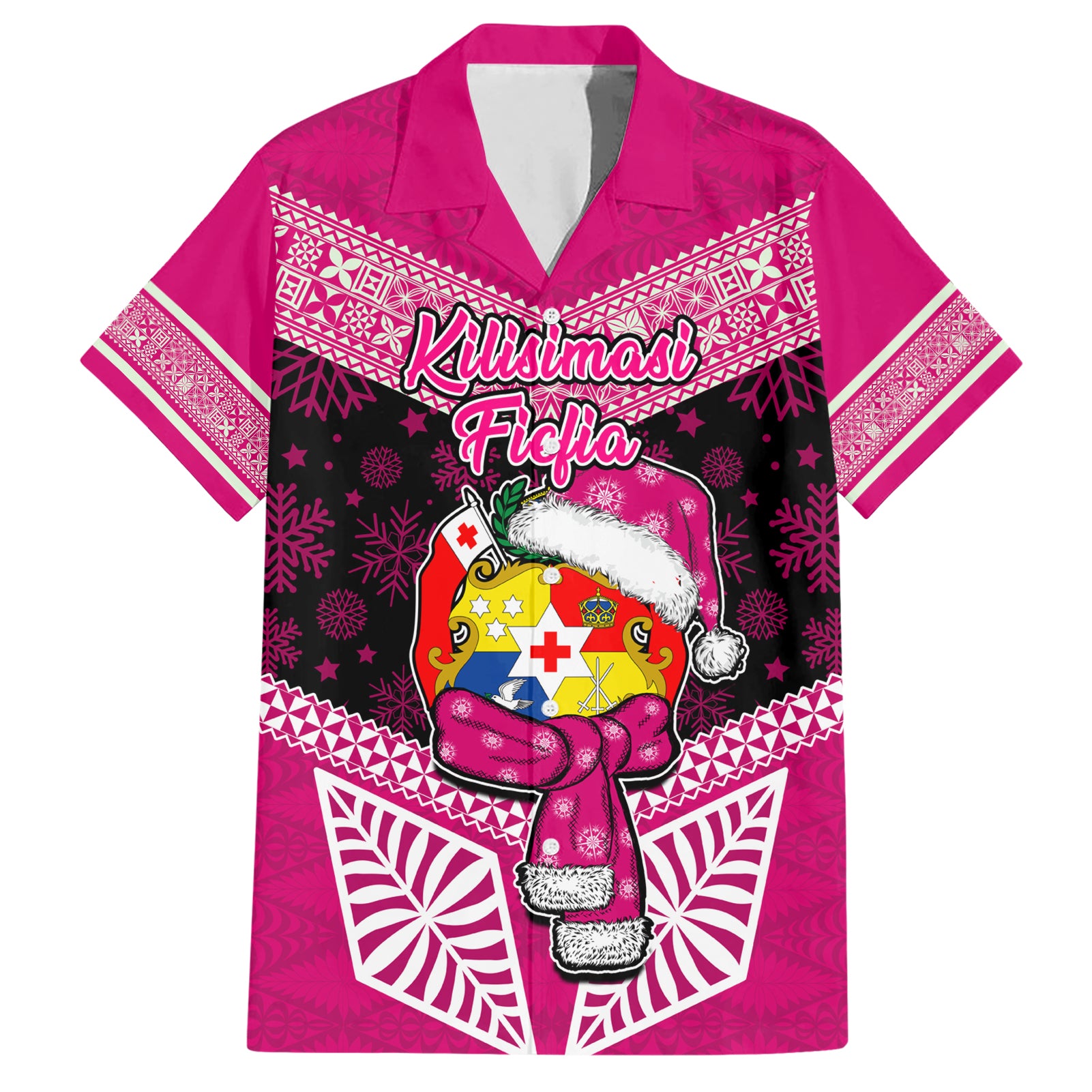 Tonga Christmas Hawaiian Shirt Tongan Coat of Arms Santa With Ngatu Pattern Christmas Pink Style LT03 Pink - Polynesian Pride