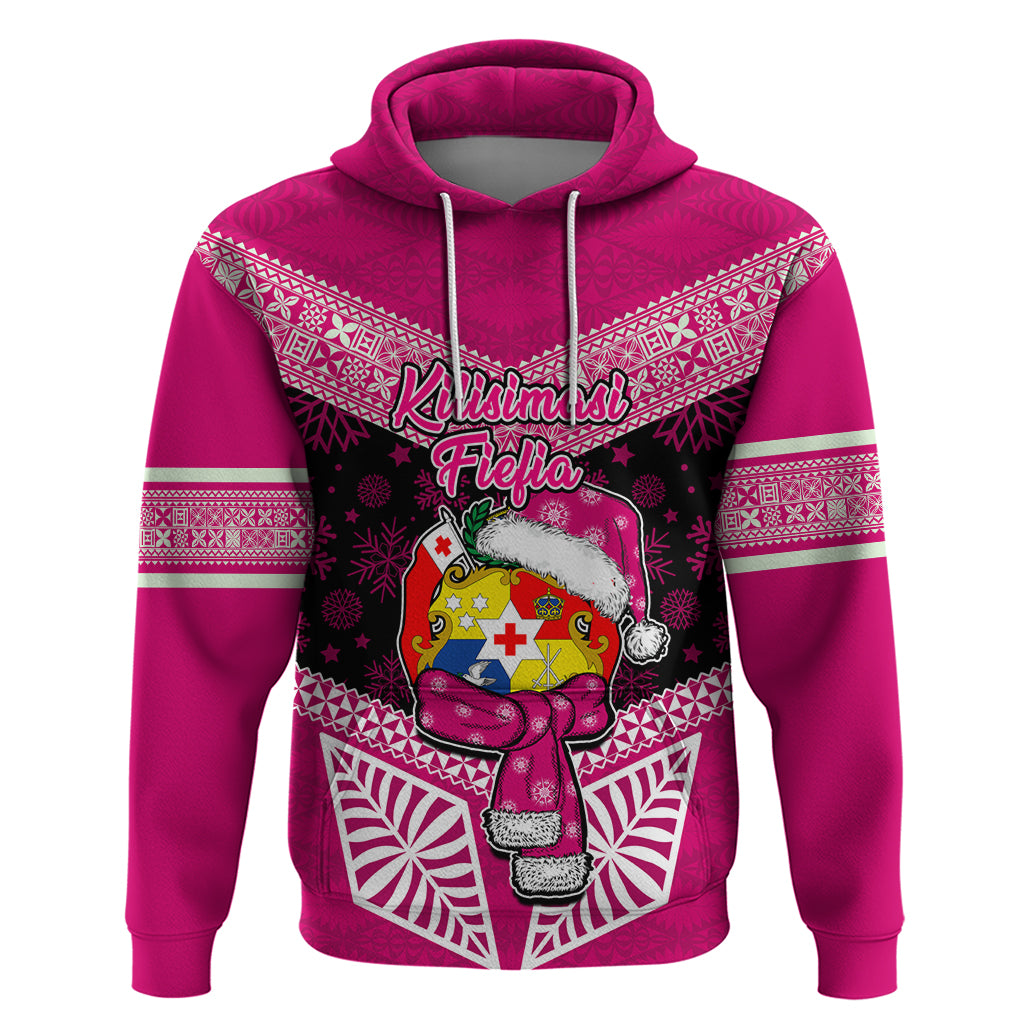 Tonga Christmas Hoodie Tongan Coat of Arms Santa With Ngatu Pattern Christmas Pink Style LT03 Pink - Polynesian Pride