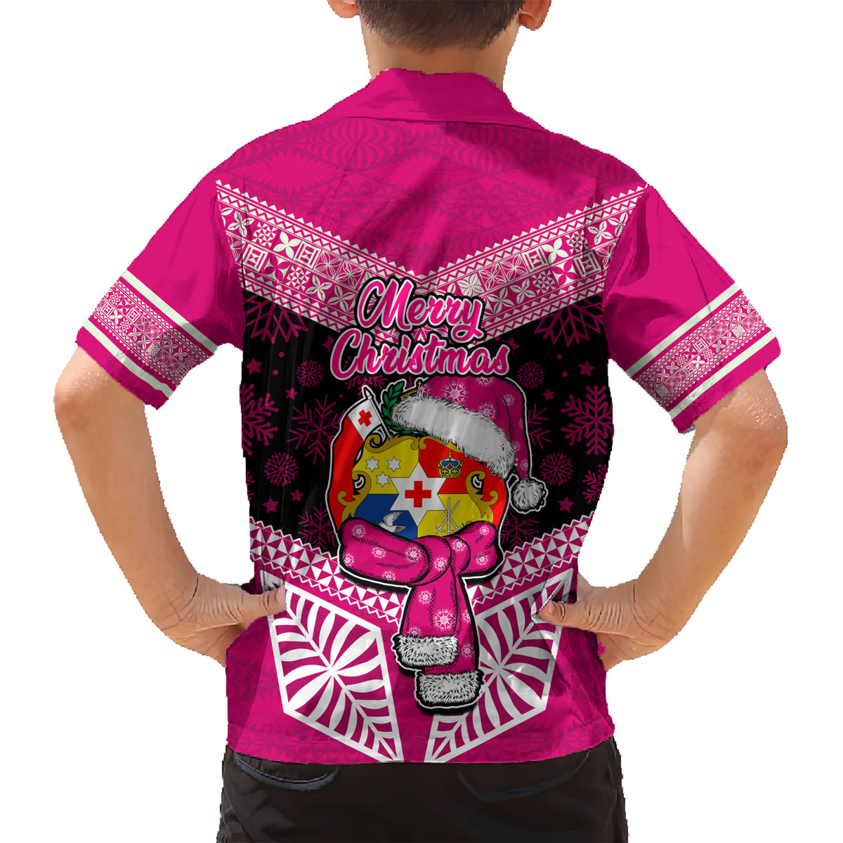 Tonga Christmas Kid Hawaiian Shirt Tongan Coat of Arms Santa With Ngatu Pattern Christmas Pink Style LT03 - Polynesian Pride