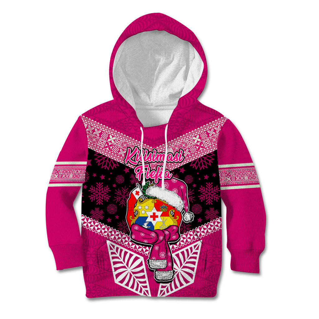 Tonga Christmas Kid Hoodie Tongan Coat of Arms Santa With Ngatu Pattern Christmas Pink Style LT03 Hoodie Pink - Polynesian Pride