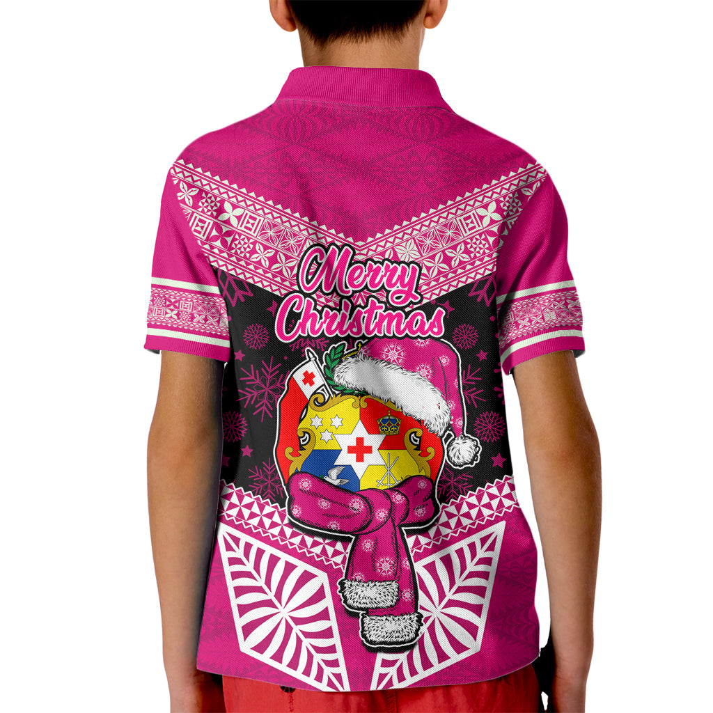 Tonga Christmas Kid Polo Shirt Tongan Coat of Arms Santa With Ngatu Pattern Christmas Pink Style LT03 - Polynesian Pride