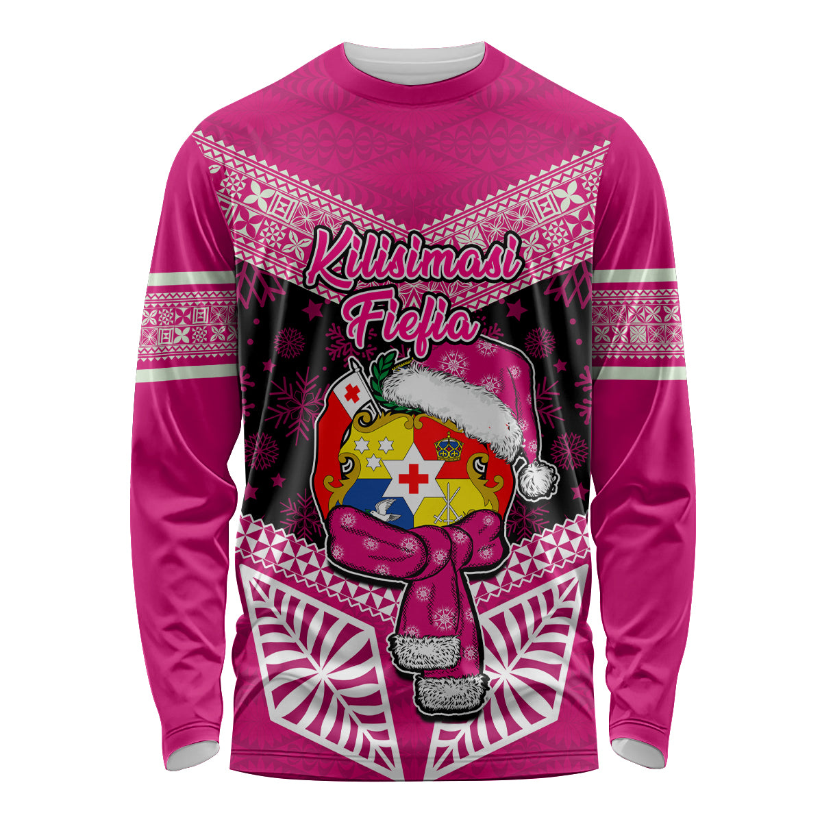 Tonga Christmas Long Sleeve Shirt Tongan Coat of Arms Santa With Ngatu Pattern Christmas Pink Style LT03 Unisex Pink - Polynesian Pride