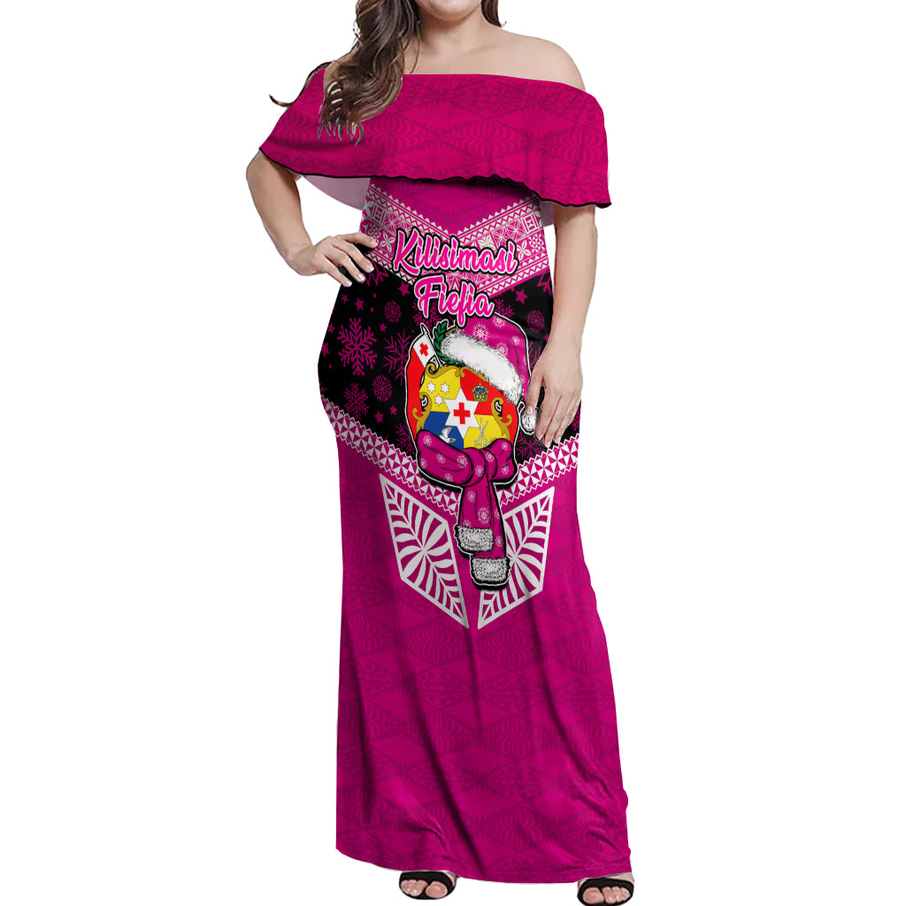 Tonga Christmas Off Shoulder Maxi Dress Tongan Coat of Arms Santa With Ngatu Pattern Christmas Pink Style LT03 Women Pink - Polynesian Pride