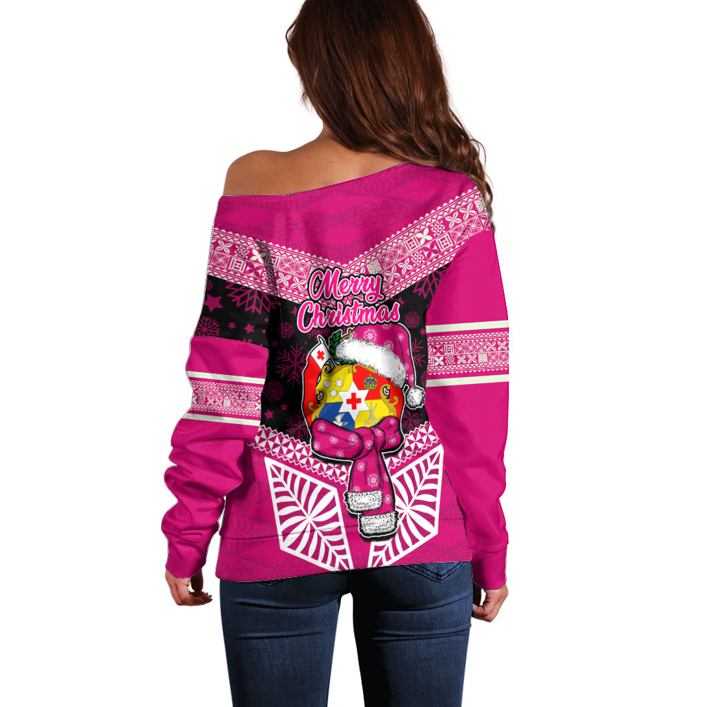 Tonga Christmas Off Shoulder Sweater Tongan Coat of Arms Santa With Ngatu Pattern Christmas Pink Style LT03 - Polynesian Pride