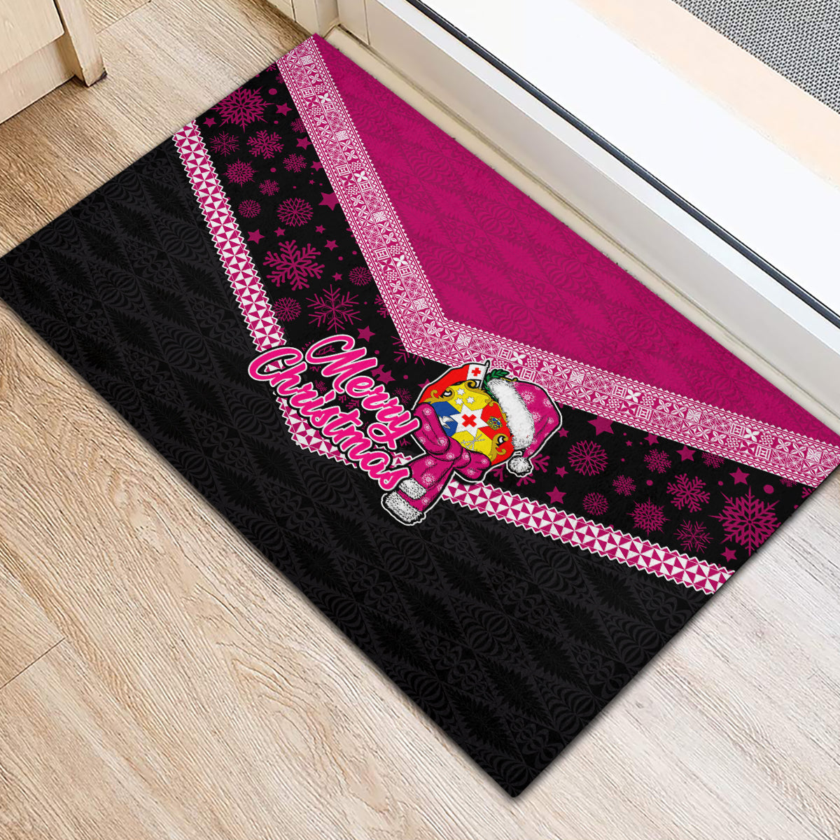 Tonga Christmas Rubber Doormat Tongan Coat of Arms Santa With Ngatu Pattern Christmas Pink Style LT03 - Polynesian Pride
