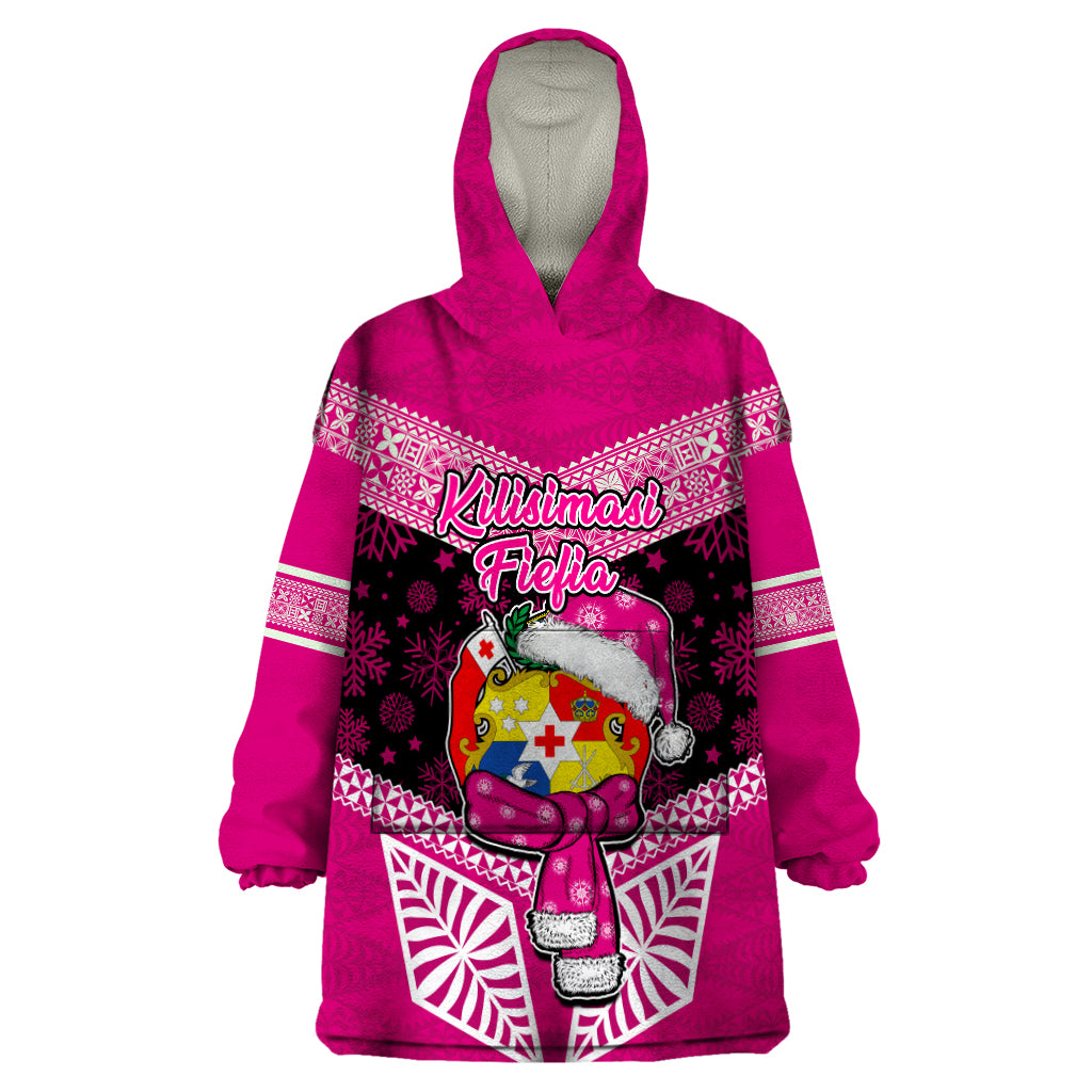 Tonga Christmas Wearable Blanket Hoodie Tongan Coat of Arms Santa With Ngatu Pattern Christmas Pink Style LT03 One Size Pink - Polynesian Pride