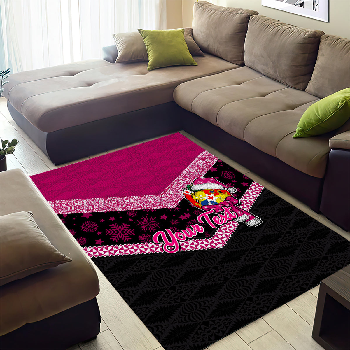 Personalised Tonga Christmas Area Rug Tongan Coat of Arms Santa With Ngatu Pattern Christmas Pink Style LT03 - Polynesian Pride
