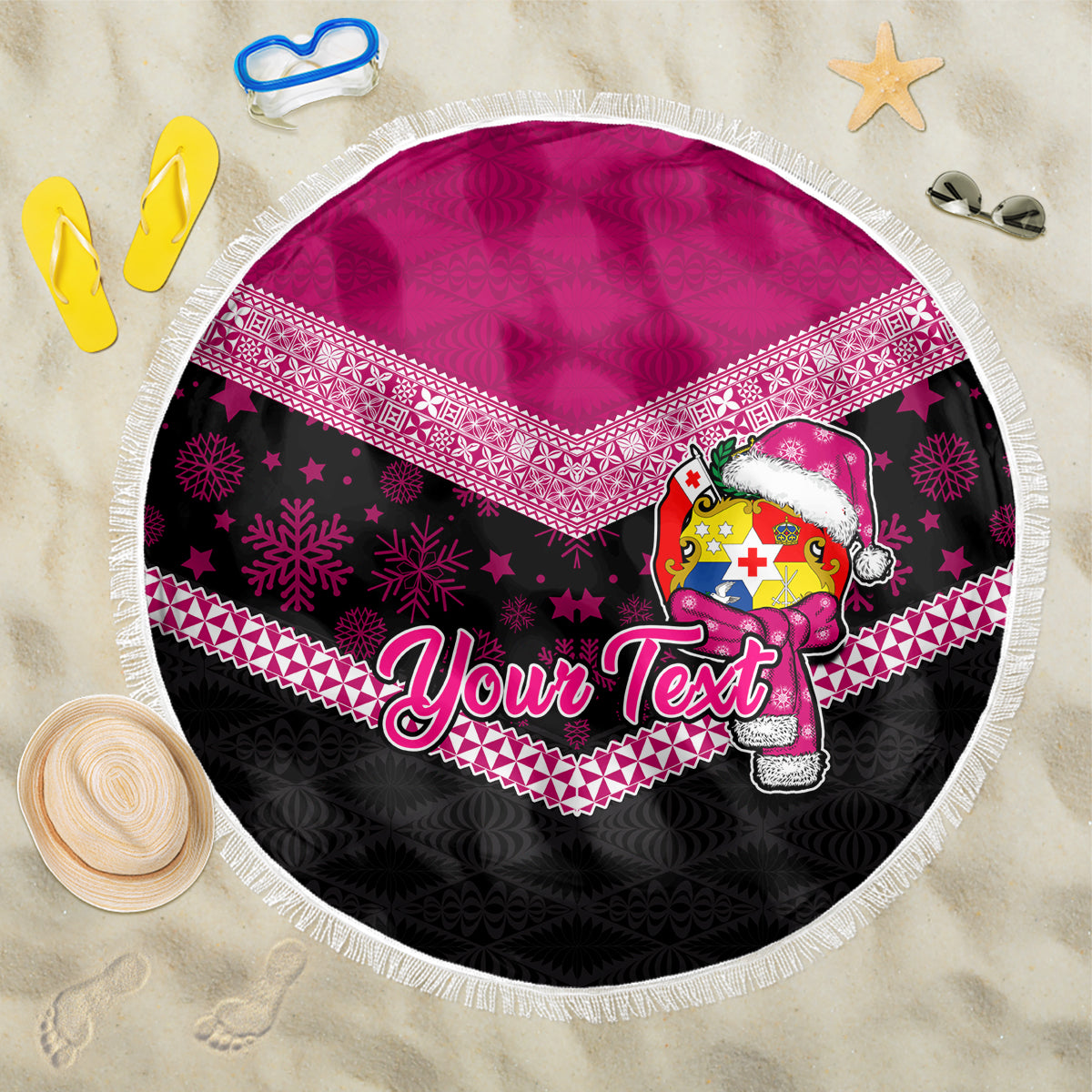 Personalised Tonga Christmas Beach Blanket Tongan Coat of Arms Santa With Ngatu Pattern Christmas Pink Style LT03 One Size 150cm Pink - Wonder Print Shop