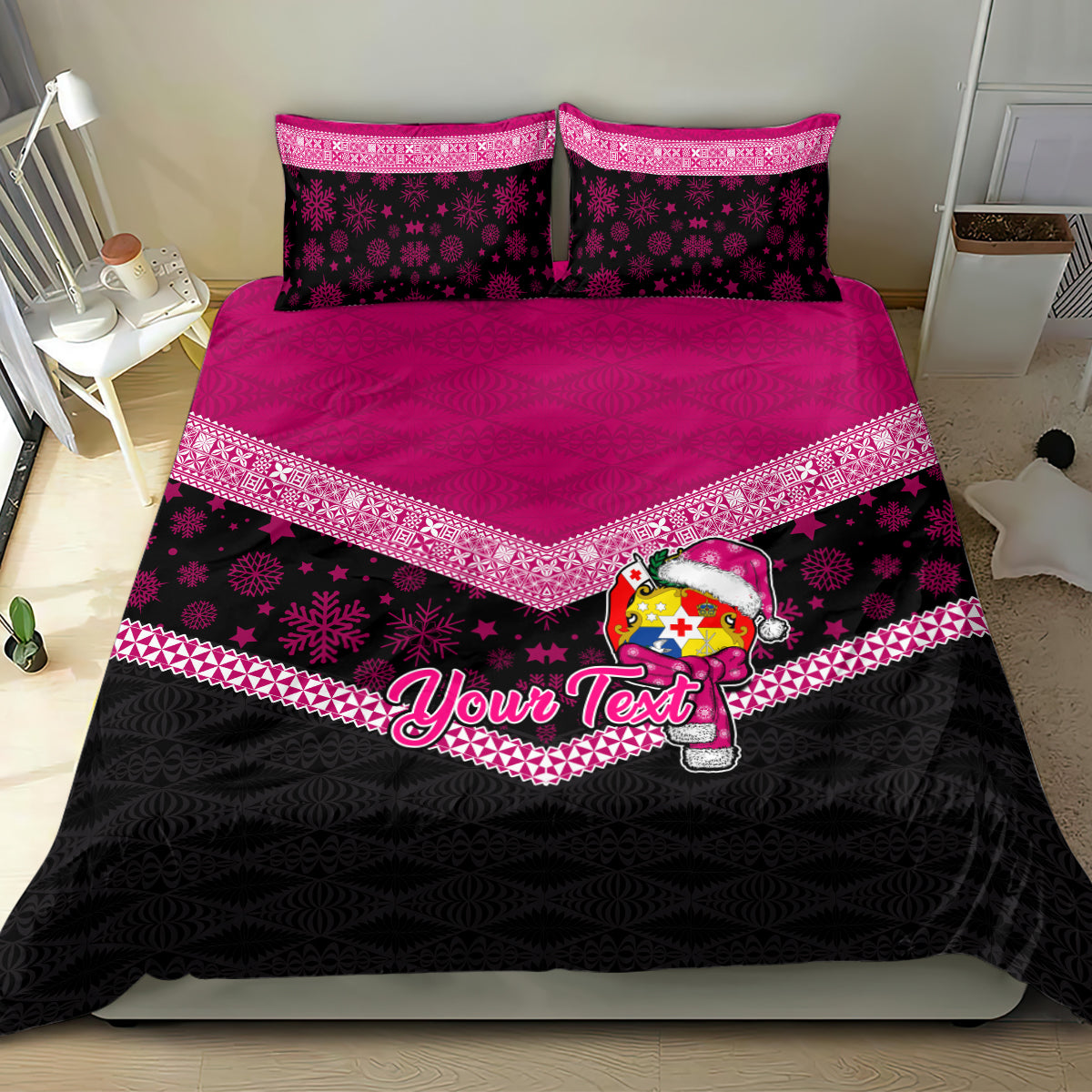 Personalised Tonga Christmas Bedding Set Tongan Coat of Arms Santa With Ngatu Pattern Christmas Pink Style LT03 - Polynesian Pride