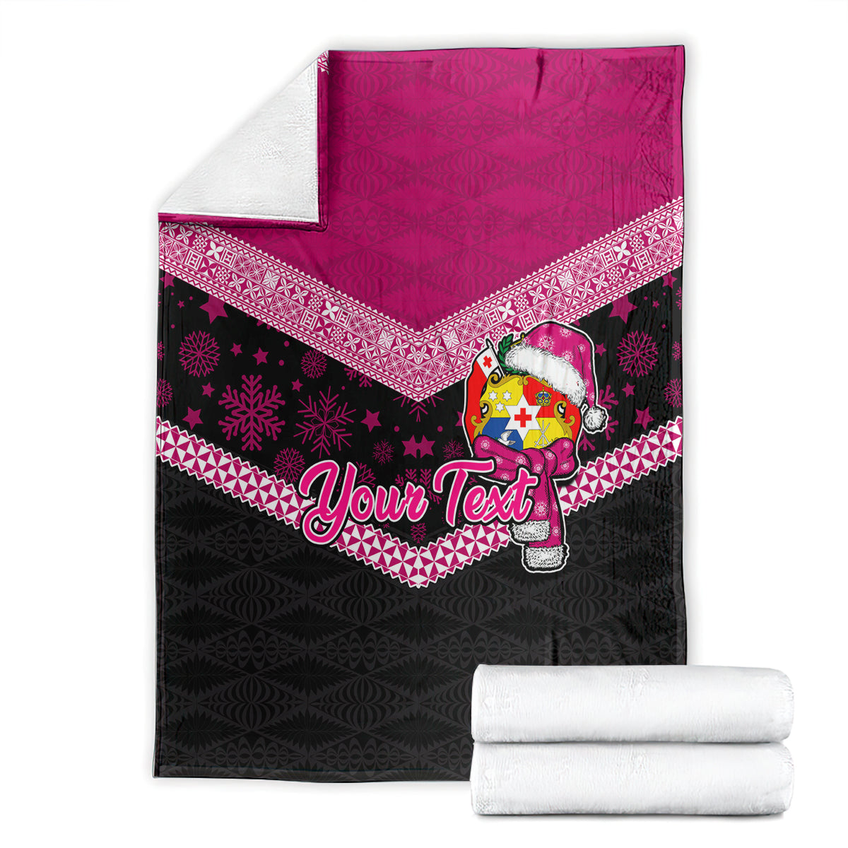 Personalised Tonga Christmas Blanket Tongan Coat of Arms Santa With Ngatu Pattern Christmas Pink Style LT03 - Polynesian Pride