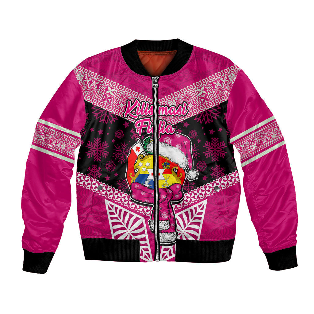 Personalised Tonga Christmas Bomber Jacket Tongan Coat of Arms Santa With Ngatu Pattern Christmas Pink Style LT03 Unisex Pink - Polynesian Pride