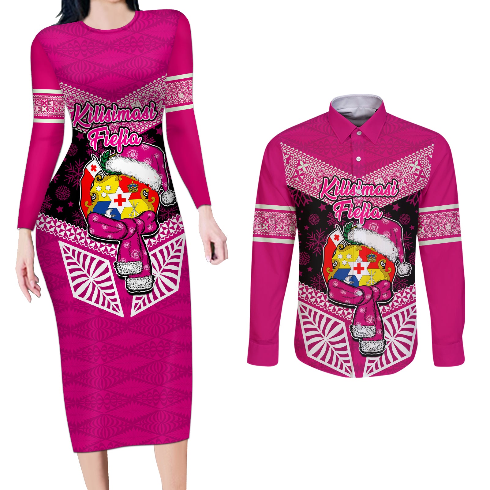 Personalised Tonga Christmas Couples Matching Long Sleeve Bodycon Dress and Long Sleeve Button Shirts Tongan Coat of Arms Santa With Ngatu Pattern Christmas Pink Style LT03 Pink - Polynesian Pride