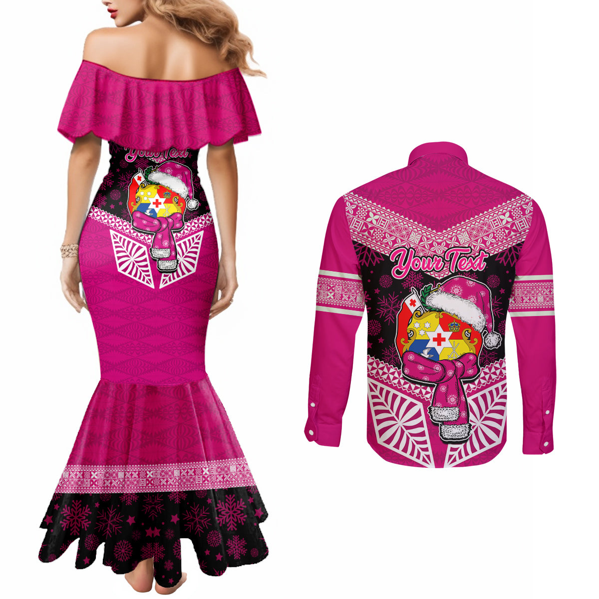 Personalised Tonga Christmas Couples Matching Mermaid Dress and Long Sleeve Button Shirts Tongan Coat of Arms Santa With Ngatu Pattern Christmas Pink Style LT03 - Polynesian Pride