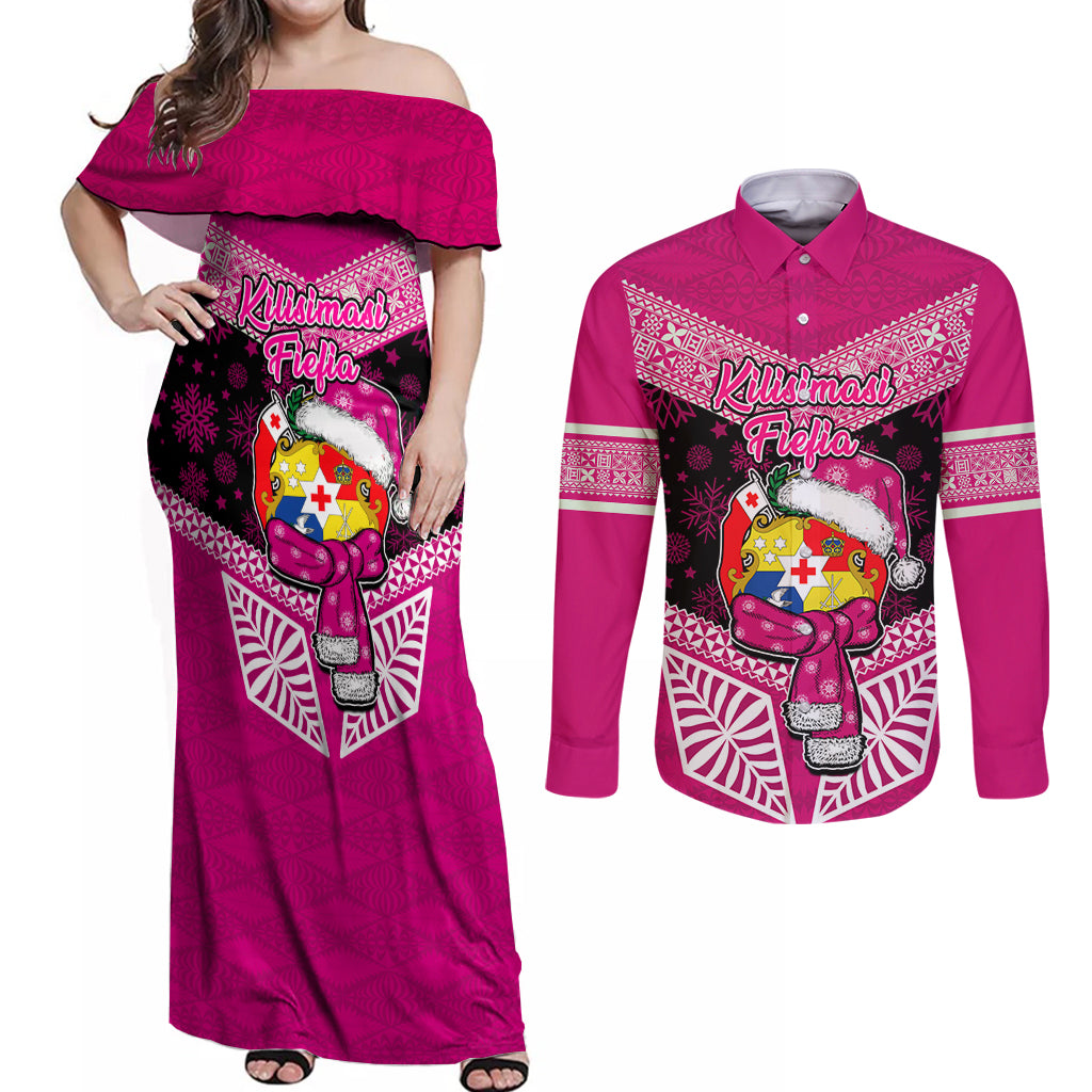 Personalised Tonga Christmas Couples Matching Off Shoulder Maxi Dress and Long Sleeve Button Shirts Tongan Coat of Arms Santa With Ngatu Pattern Christmas Pink Style LT03 Pink - Polynesian Pride