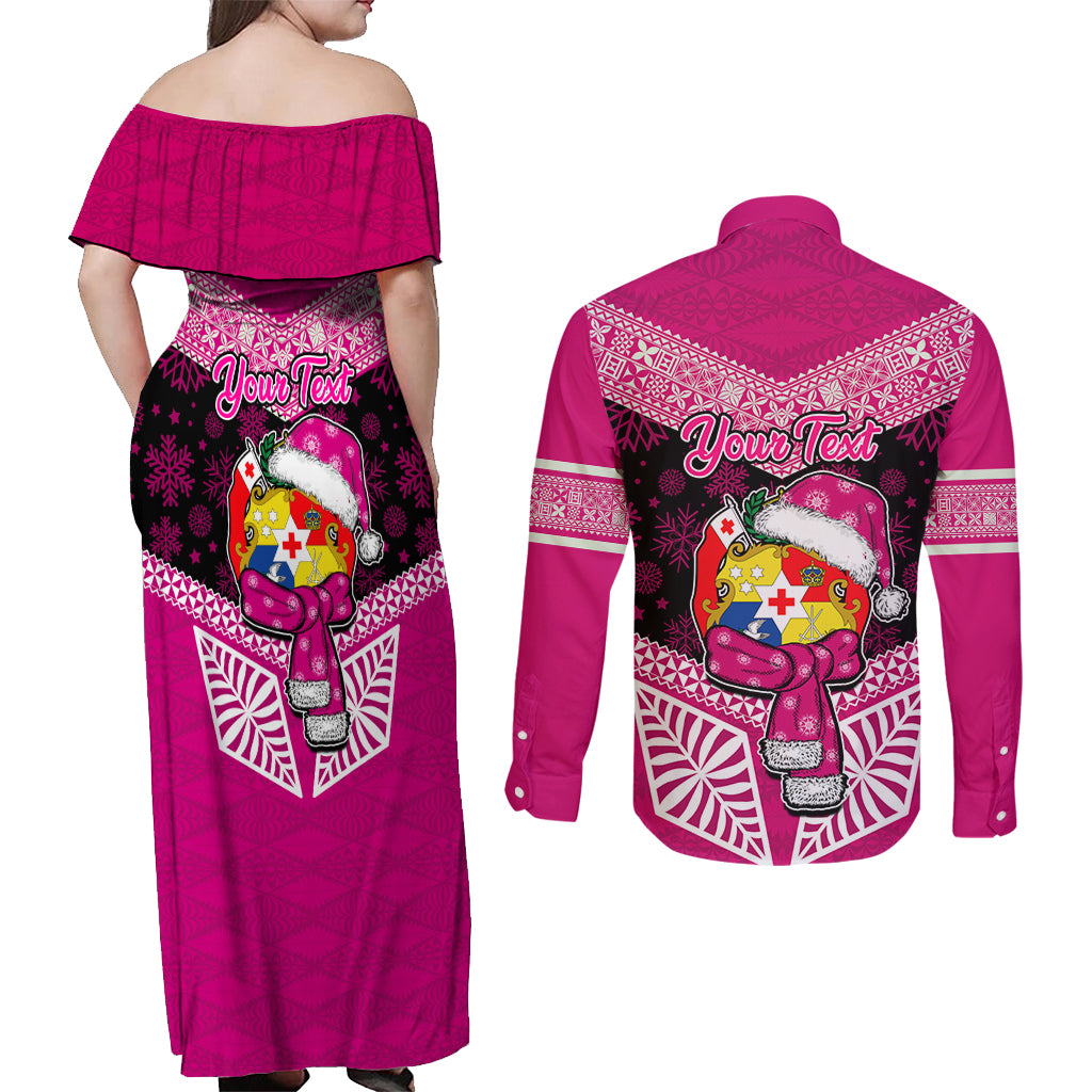 Personalised Tonga Christmas Couples Matching Off Shoulder Maxi Dress and Long Sleeve Button Shirts Tongan Coat of Arms Santa With Ngatu Pattern Christmas Pink Style LT03 - Polynesian Pride