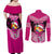 Personalised Tonga Christmas Couples Matching Off Shoulder Maxi Dress and Long Sleeve Button Shirts Tongan Coat of Arms Santa With Ngatu Pattern Christmas Pink Style LT03 - Polynesian Pride