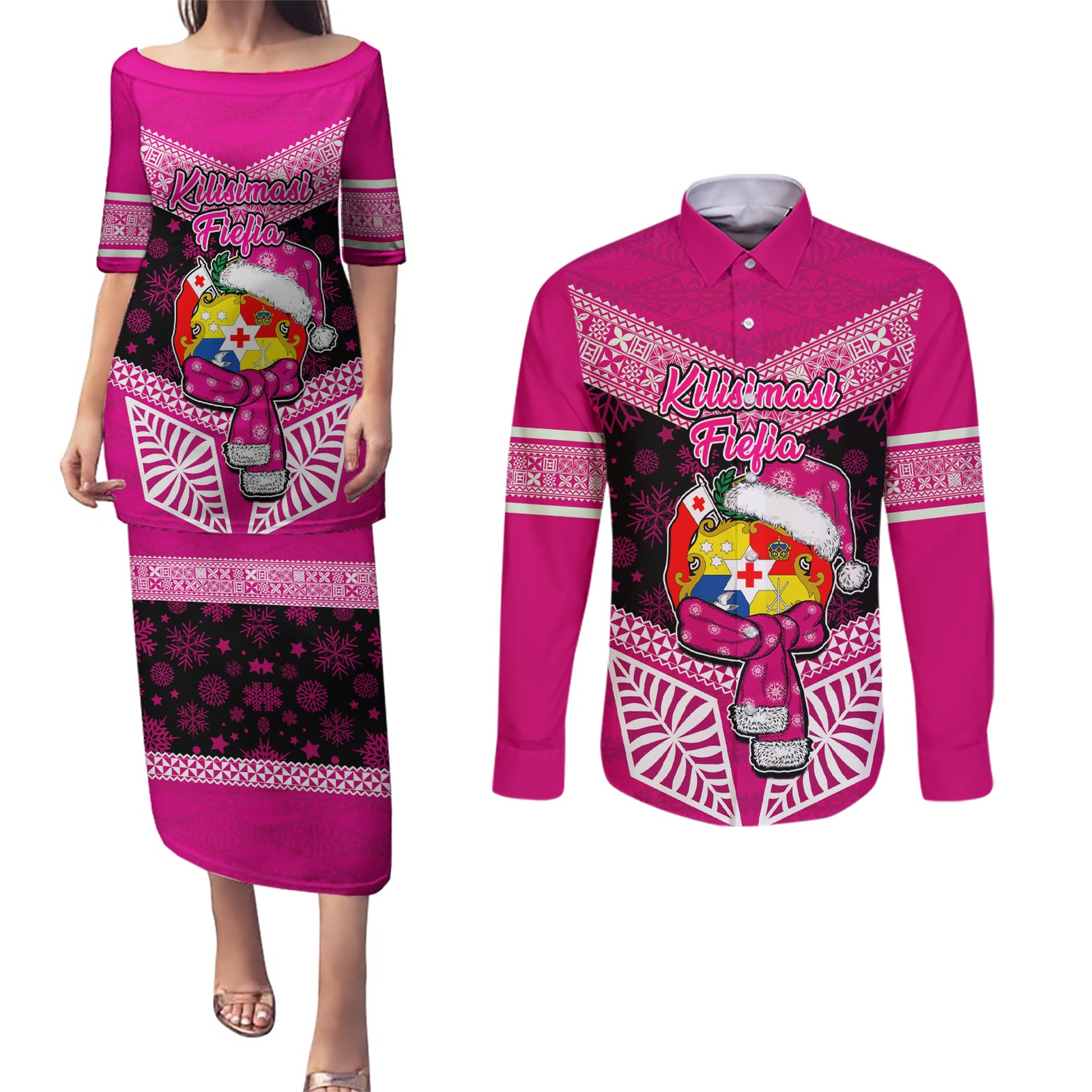 Personalised Tonga Christmas Couples Matching Puletasi Dress and Long Sleeve Button Shirts Tongan Coat of Arms Santa With Ngatu Pattern Christmas Pink Style LT03 Pink - Polynesian Pride