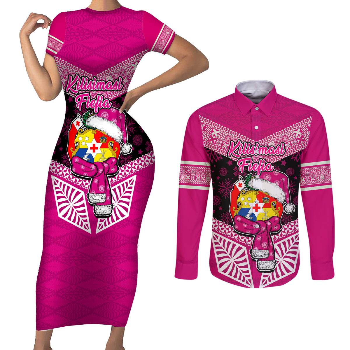 Personalised Tonga Christmas Couples Matching Short Sleeve Bodycon Dress and Long Sleeve Button Shirts Tongan Coat of Arms Santa With Ngatu Pattern Christmas Pink Style LT03 Pink - Polynesian Pride