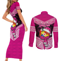 Personalised Tonga Christmas Couples Matching Short Sleeve Bodycon Dress and Long Sleeve Button Shirts Tongan Coat of Arms Santa With Ngatu Pattern Christmas Pink Style LT03 - Polynesian Pride