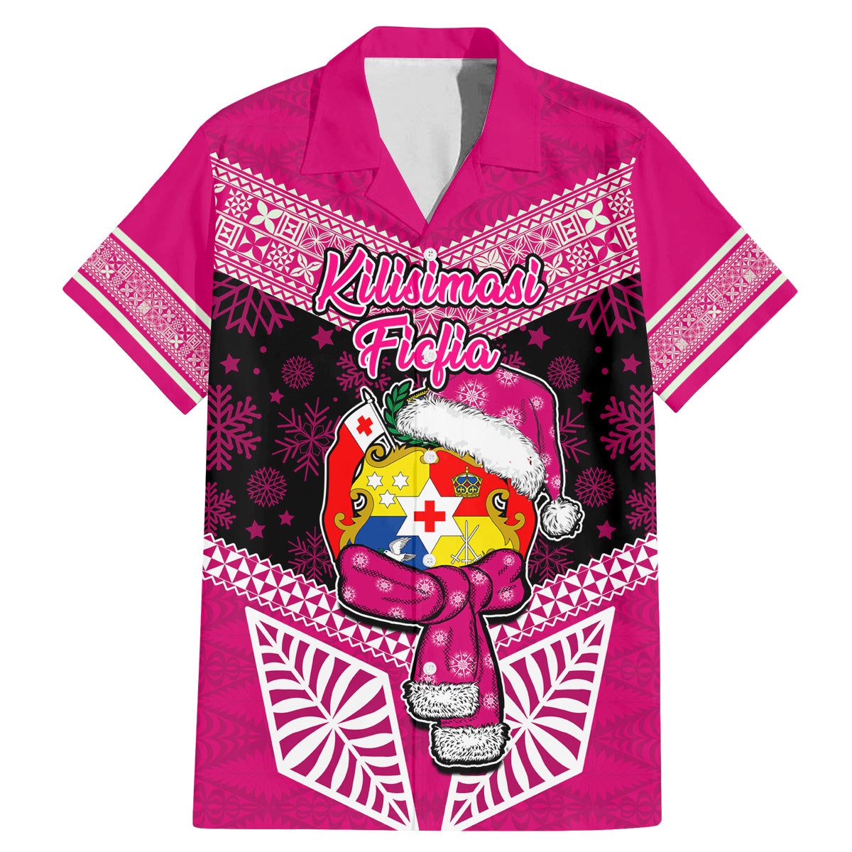 Personalised Tonga Christmas Family Matching Mermaid Dress and Hawaiian Shirt Tongan Coat of Arms Santa With Ngatu Pattern Christmas Pink Style LT03 Dad's Shirt - Short Sleeve Pink - Polynesian Pride