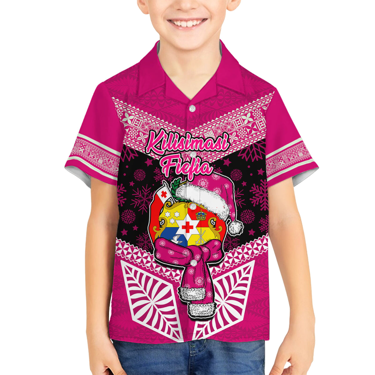 Personalised Tonga Christmas Family Matching Puletasi Dress and Hawaiian Shirt Tongan Coat of Arms Santa With Ngatu Pattern Christmas Pink Style LT03 Son's Shirt Pink - Polynesian Pride