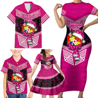 Personalised Tonga Christmas Family Matching Short Sleeve Bodycon Dress and Hawaiian Shirt Tongan Coat of Arms Santa With Ngatu Pattern Christmas Pink Style LT03 - Polynesian Pride