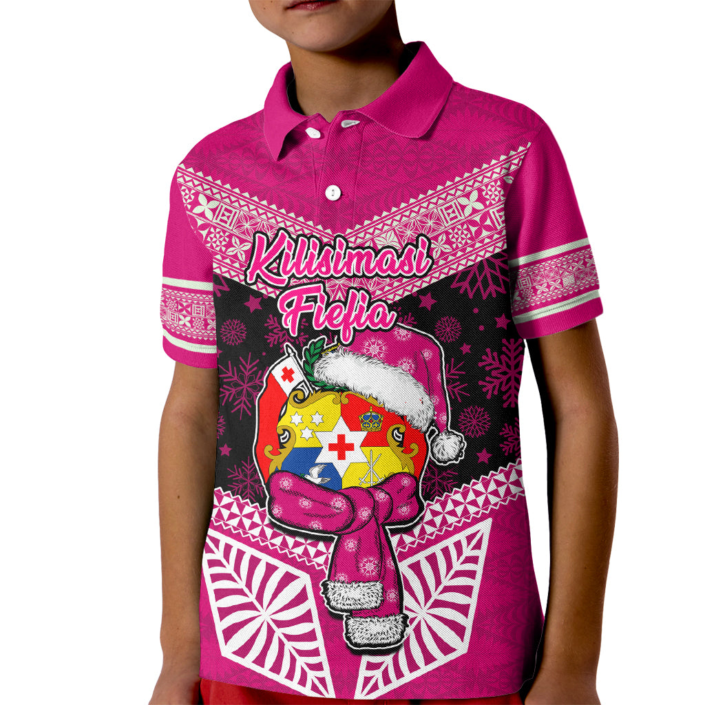Personalised Tonga Christmas Kid Polo Shirt Tongan Coat of Arms Santa With Ngatu Pattern Christmas Pink Style LT03 Kid Pink - Polynesian Pride