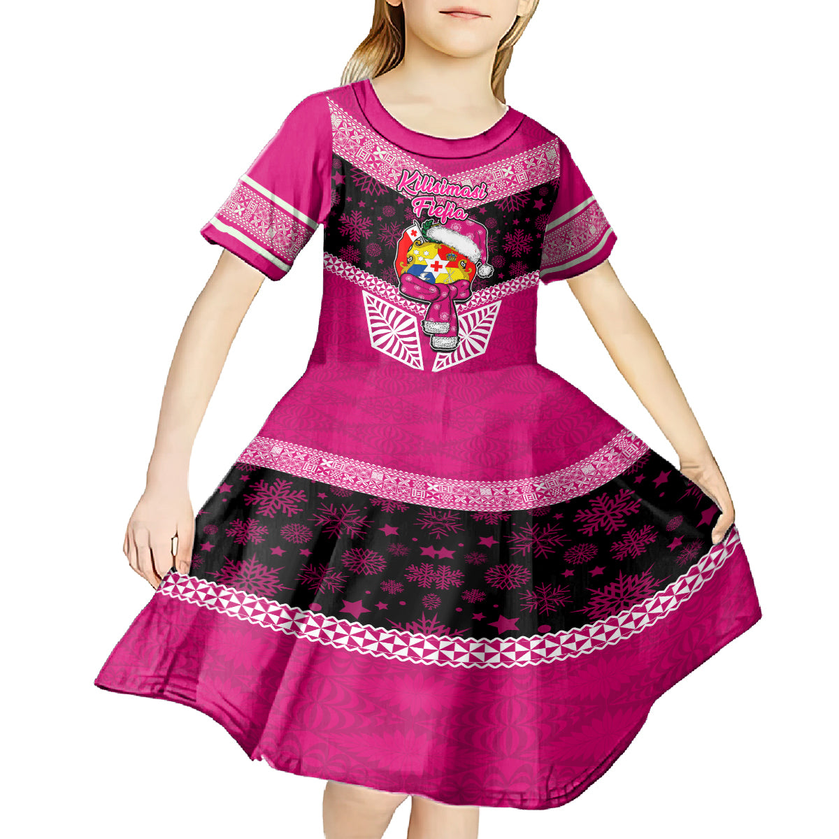 Personalised Tonga Christmas Kid Short Sleeve Dress Tongan Coat of Arms Santa With Ngatu Pattern Christmas Pink Style LT03 - Polynesian Pride