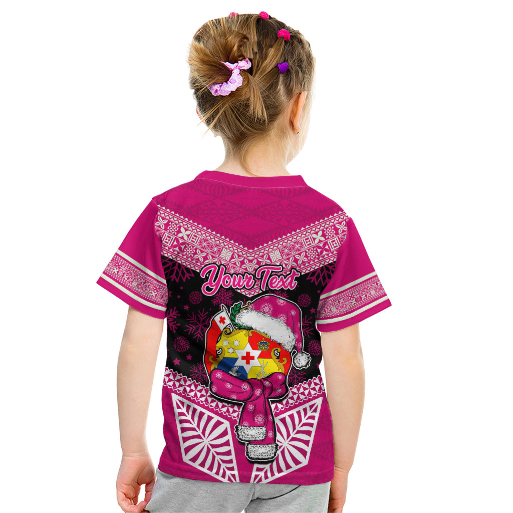 Personalised Tonga Christmas Kid T Shirt Tongan Coat of Arms Santa With Ngatu Pattern Christmas Pink Style LT03 - Polynesian Pride