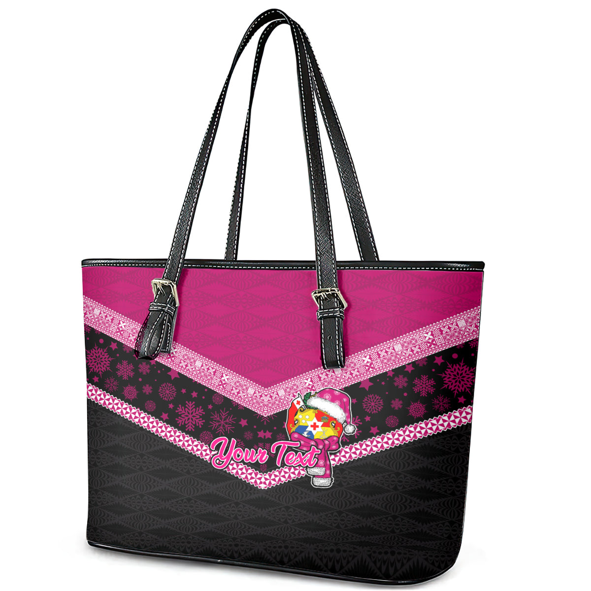 Personalised Tonga Christmas Leather Tote Bag Tongan Coat of Arms Santa With Ngatu Pattern Christmas Pink Style LT03 - Polynesian Pride