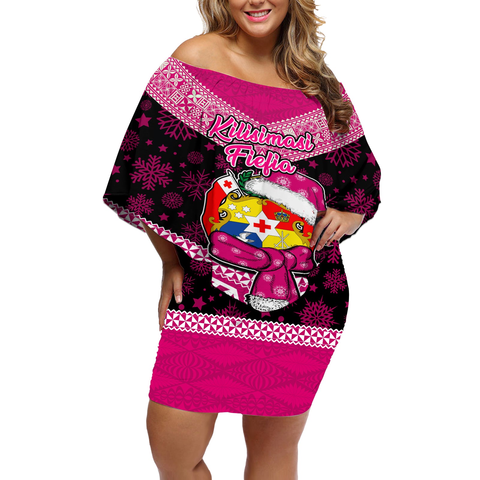 Personalised Tonga Christmas Off Shoulder Short Dress Tongan Coat of Arms Santa With Ngatu Pattern Christmas Pink Style LT03 Women Pink - Polynesian Pride