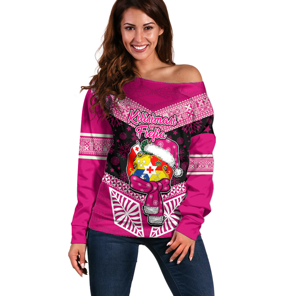 Personalised Tonga Christmas Off Shoulder Sweater Tongan Coat of Arms Santa With Ngatu Pattern Christmas Pink Style LT03 Women Pink - Polynesian Pride