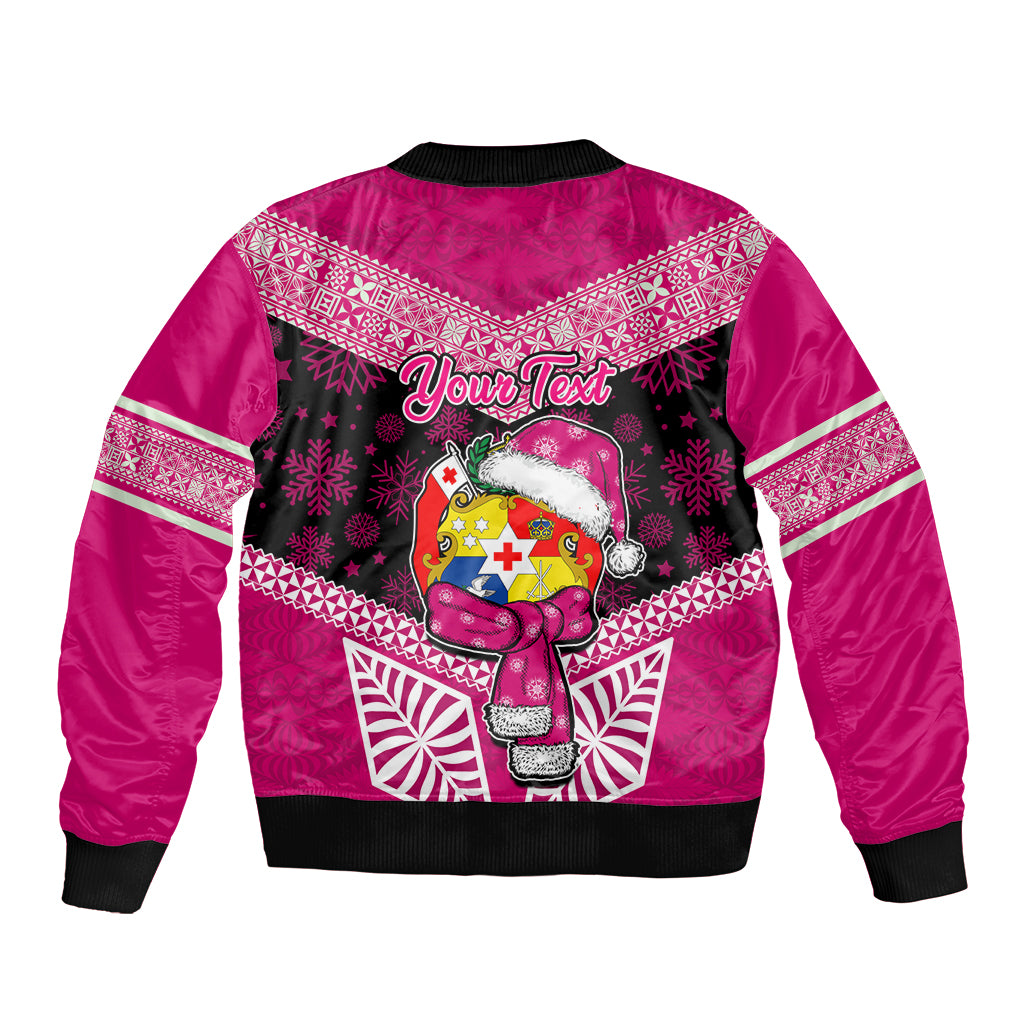 Personalised Tonga Christmas Sleeve Zip Bomber Jacket Tongan Coat of Arms Santa With Ngatu Pattern Christmas Pink Style LT03 - Polynesian Pride