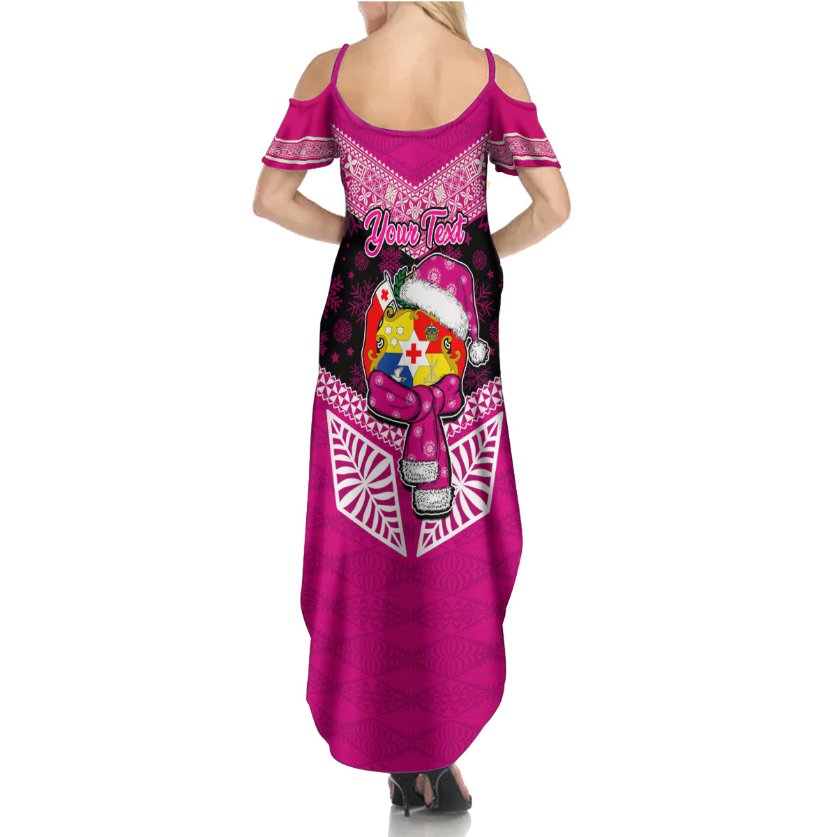 Personalised Tonga Christmas Summer Maxi Dress Tongan Coat of Arms Santa With Ngatu Pattern Christmas Pink Style LT03 - Polynesian Pride