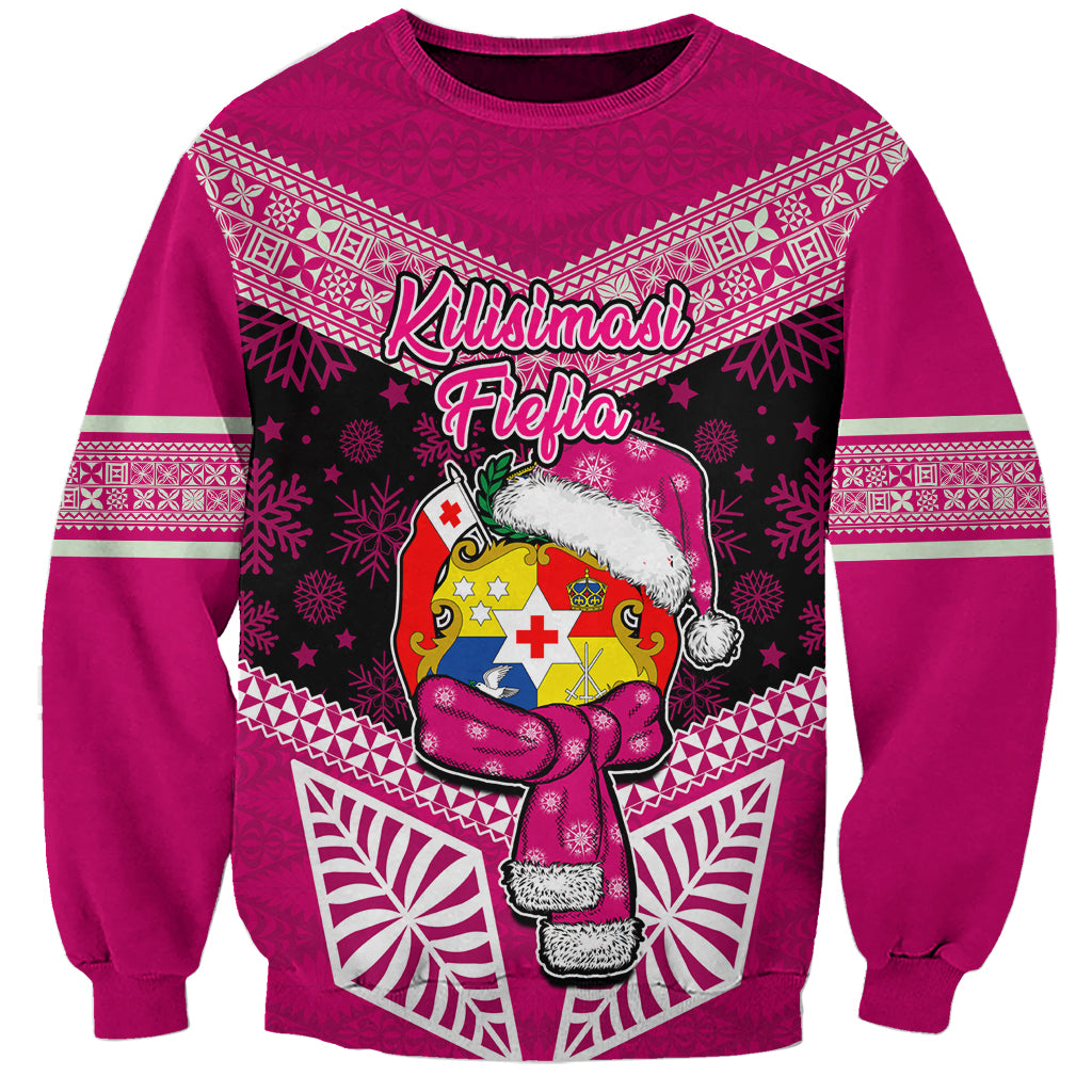 Personalised Tonga Christmas Sweatshirt Tongan Coat of Arms Santa With Ngatu Pattern Christmas Pink Style LT03 Unisex Pink - Polynesian Pride