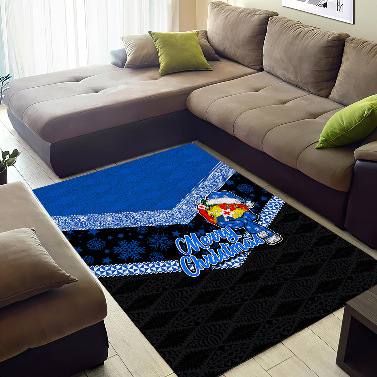 Tonga Christmas Area Rug Tongan Coat of Arms Santa With Ngatu Pattern Christmas Blue Style LT03 - Polynesian Pride