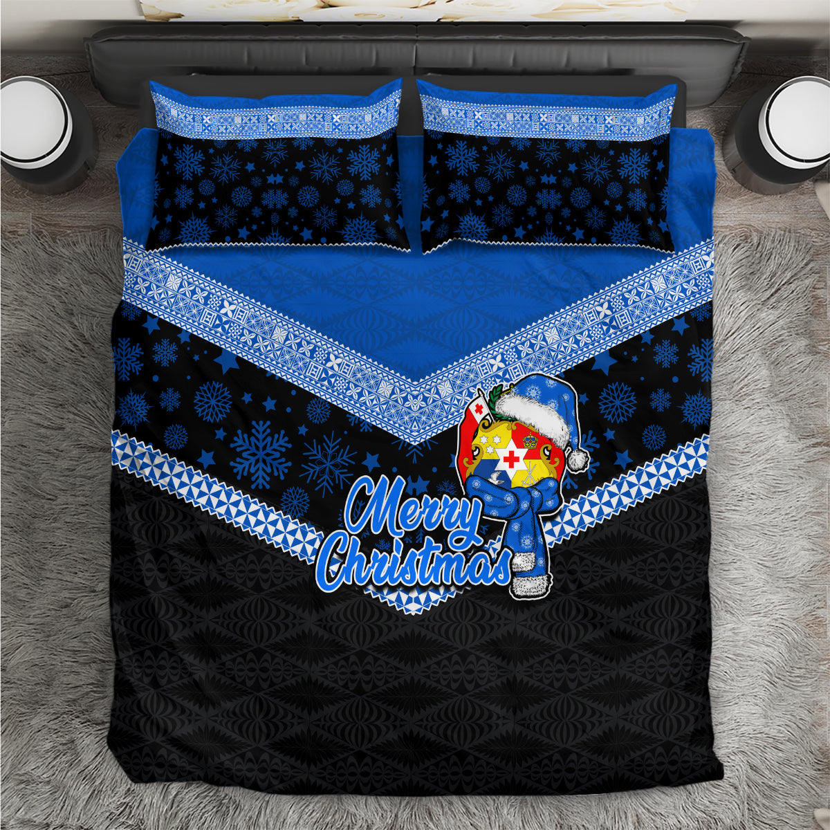Tonga Christmas Bedding Set Tongan Coat of Arms Santa With Ngatu Pattern Christmas Blue Style LT03 Blue - Polynesian Pride