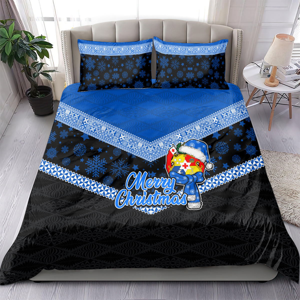 Tonga Christmas Bedding Set Tongan Coat of Arms Santa With Ngatu Pattern Christmas Blue Style LT03 - Polynesian Pride