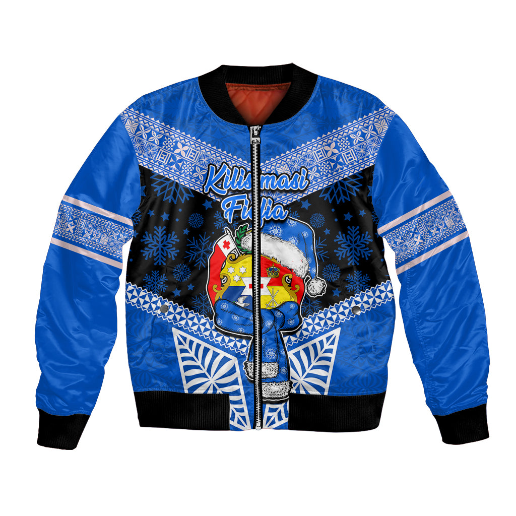 Tonga Christmas Bomber Jacket Tongan Coat of Arms Santa With Ngatu Pattern Christmas Blue Style LT03 Unisex Blue - Polynesian Pride