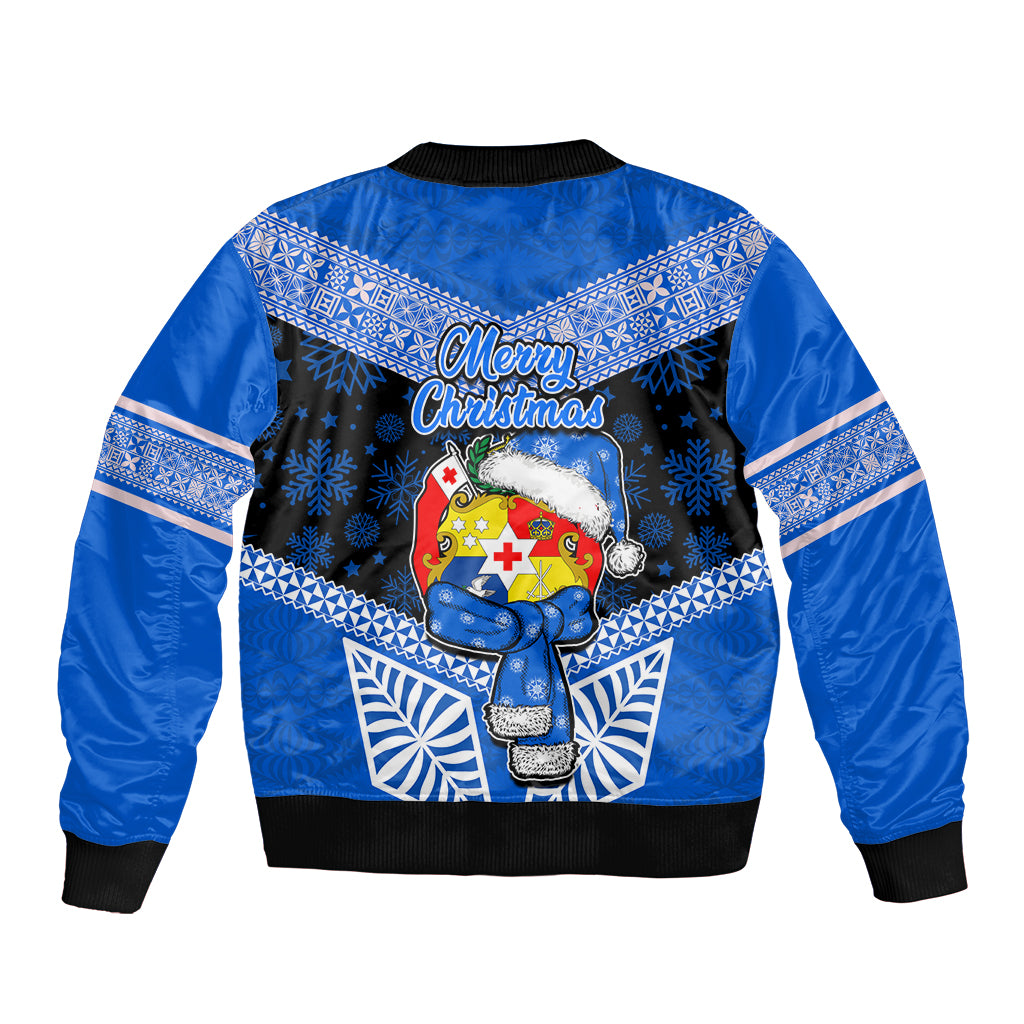 Tonga Christmas Bomber Jacket Tongan Coat of Arms Santa With Ngatu Pattern Christmas Blue Style LT03 - Polynesian Pride