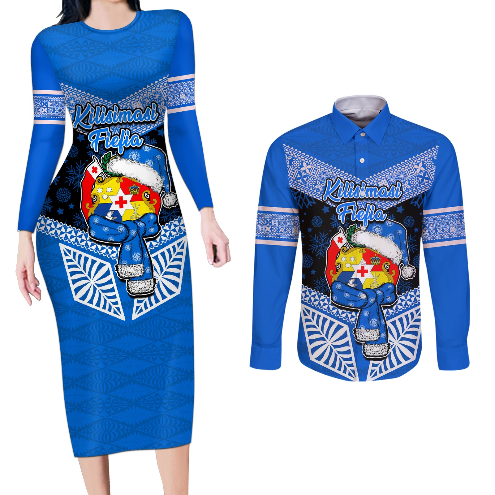 Tonga Christmas Couples Matching Long Sleeve Bodycon Dress and Long Sleeve Button Shirts Tongan Coat of Arms Santa With Ngatu Pattern Christmas Blue Style LT03 Blue - Polynesian Pride