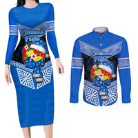 Tonga Christmas Couples Matching Long Sleeve Bodycon Dress and Long Sleeve Button Shirts Tongan Coat of Arms Santa With Ngatu Pattern Christmas Blue Style LT03 Blue - Polynesian Pride