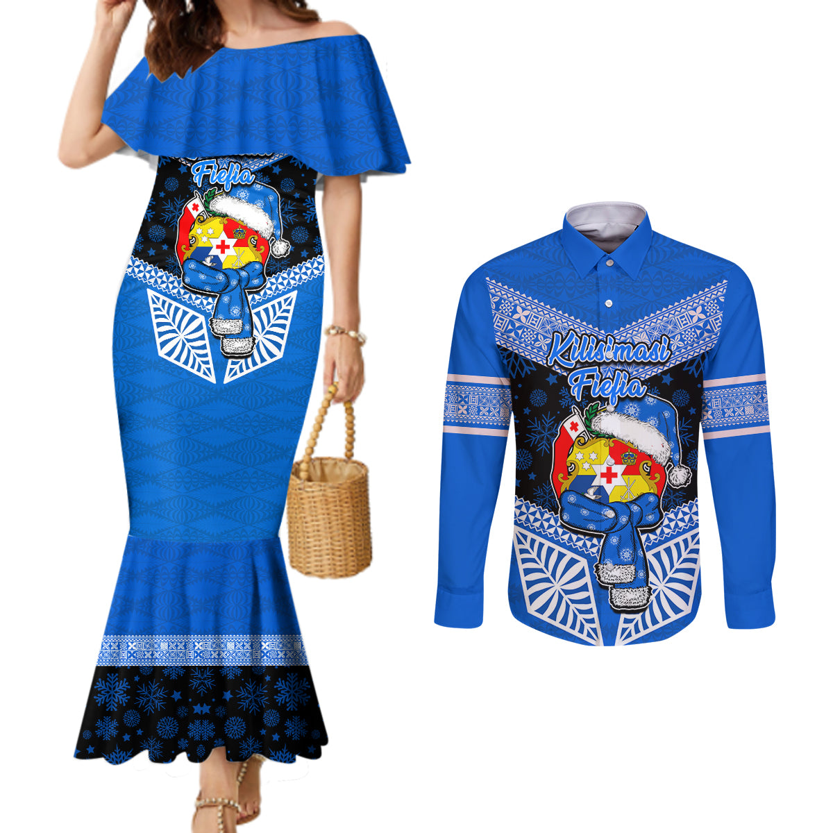 Tonga Christmas Couples Matching Mermaid Dress and Long Sleeve Button Shirts Tongan Coat of Arms Santa With Ngatu Pattern Christmas Blue Style LT03 Blue - Polynesian Pride