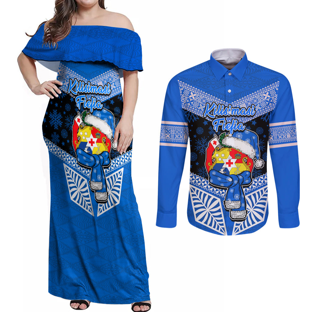 Tonga Christmas Couples Matching Off Shoulder Maxi Dress and Long Sleeve Button Shirts Tongan Coat of Arms Santa With Ngatu Pattern Christmas Blue Style LT03 Blue - Polynesian Pride